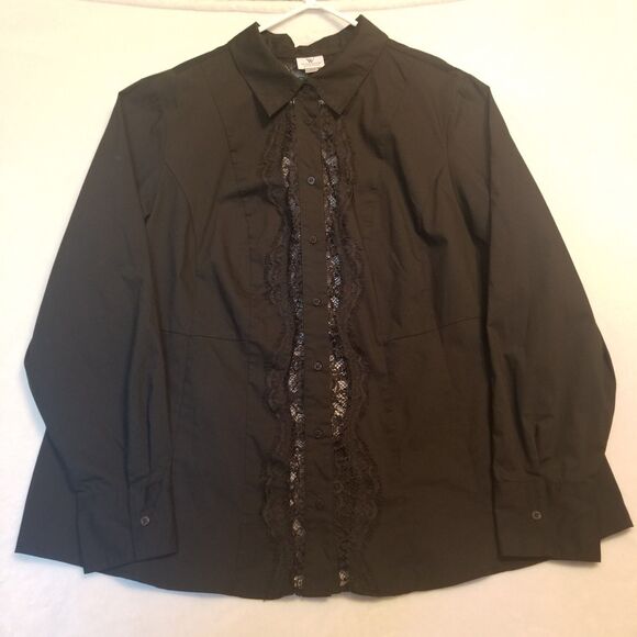 Worthington 3X Top Stretch Black Button Front Lace Sheer Panels Whimsigoth Boho - Picture 1 of 9